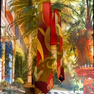 Pangborn Silk Red Green Yellow Asian Artisan Graphic Foliage Green Red Gold Tie